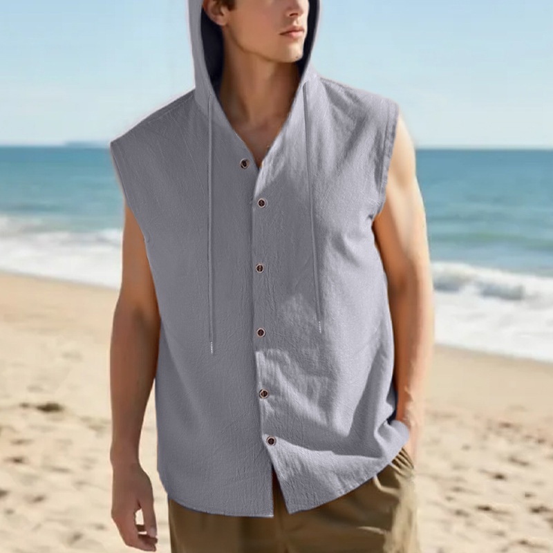 Men's Sleeveless Hooded Button Shirt - Casual Beach Top