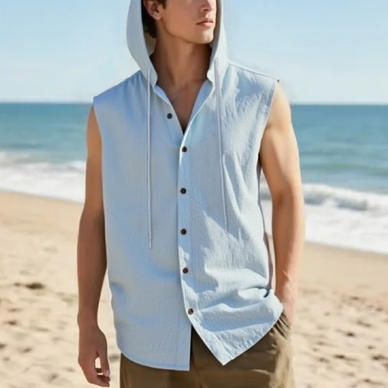 Men's Sleeveless Hooded Button Shirt - Casual Beach Top