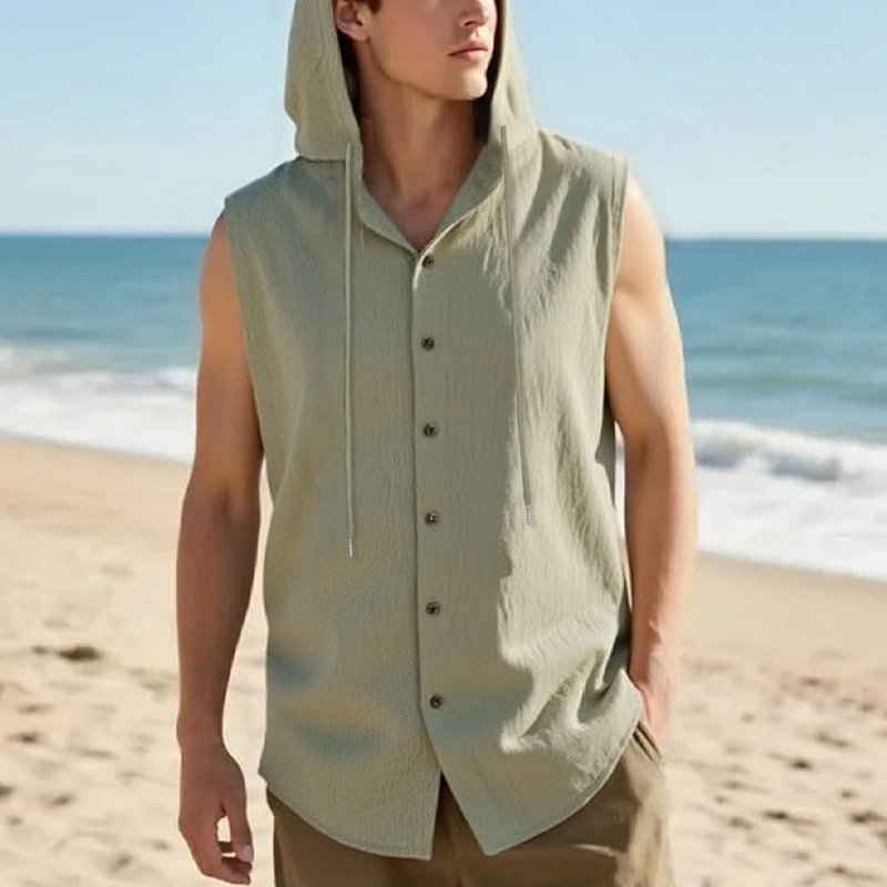 Men's Sleeveless Hooded Button Shirt - Casual Beach Top