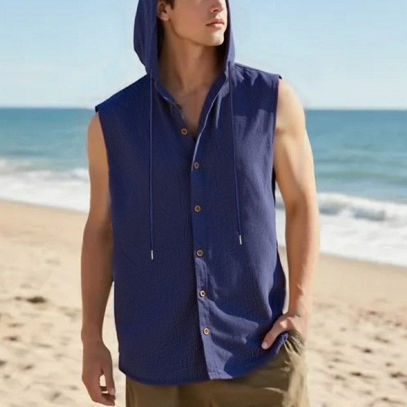 Men's Sleeveless Hooded Button Shirt - Casual Beach Top