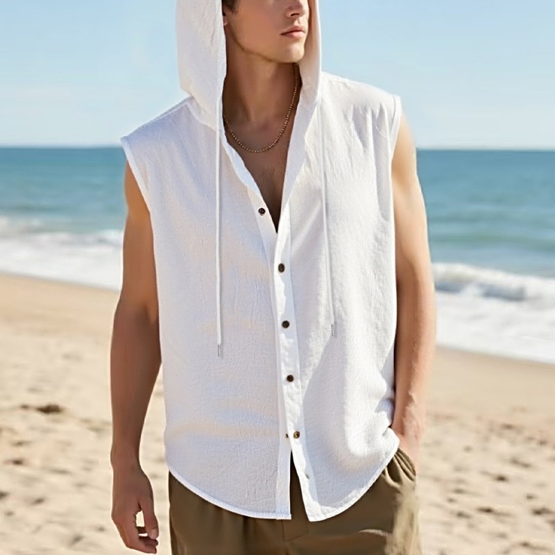 Men's Sleeveless Hooded Button Shirt - Casual Beach Top