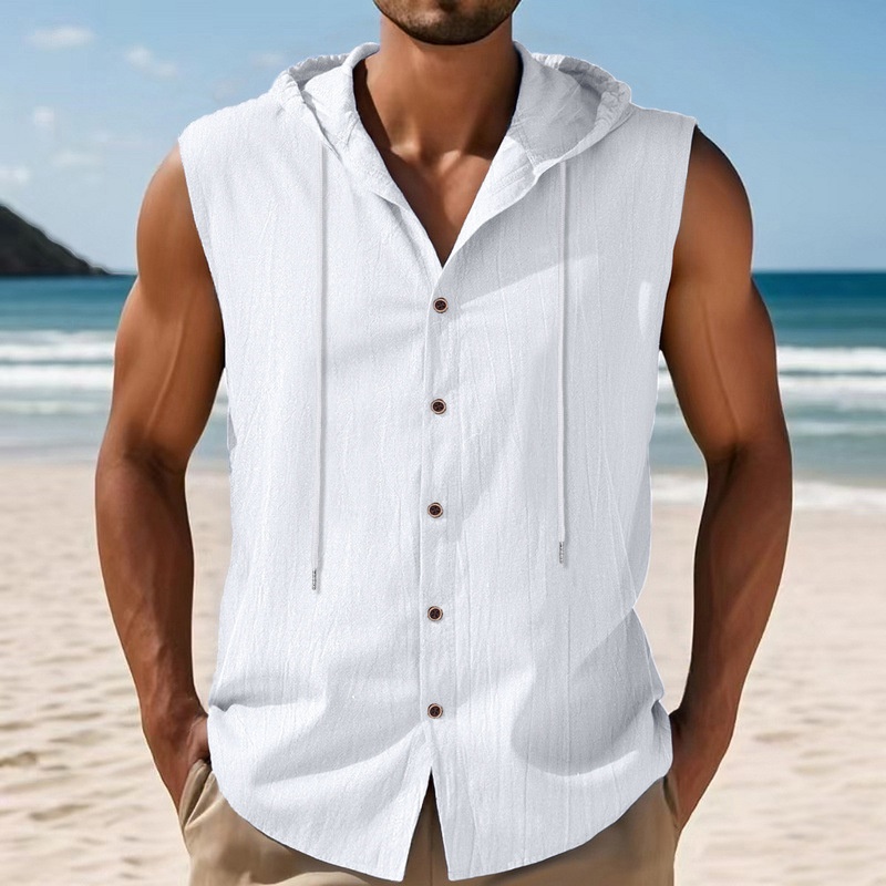 Men's Sleeveless Hooded Button Shirt - Casual Beach Top