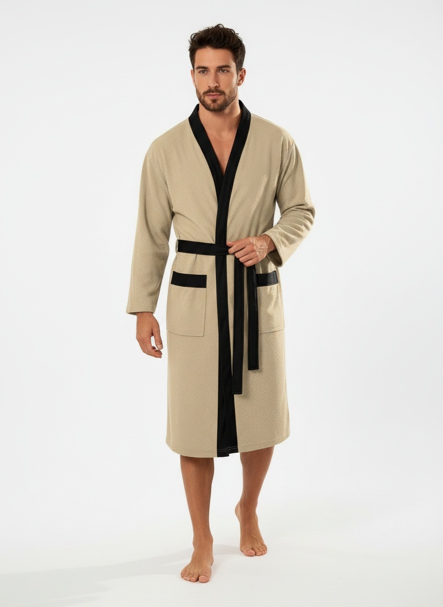 Men's Waffle Knit Robe with Contrast Trim & Pockets
