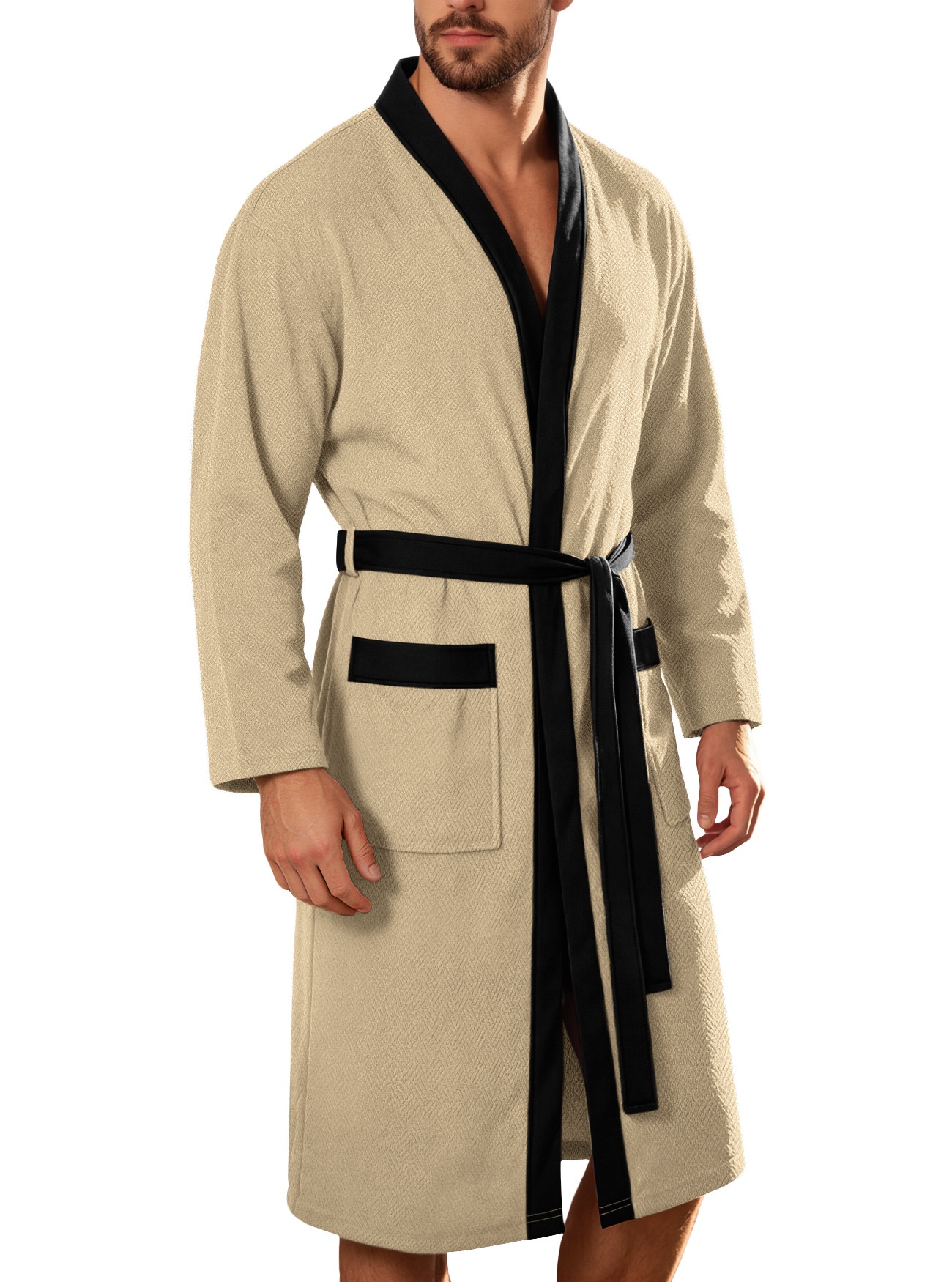 Men's Waffle Knit Robe with Contrast Trim & Pockets
