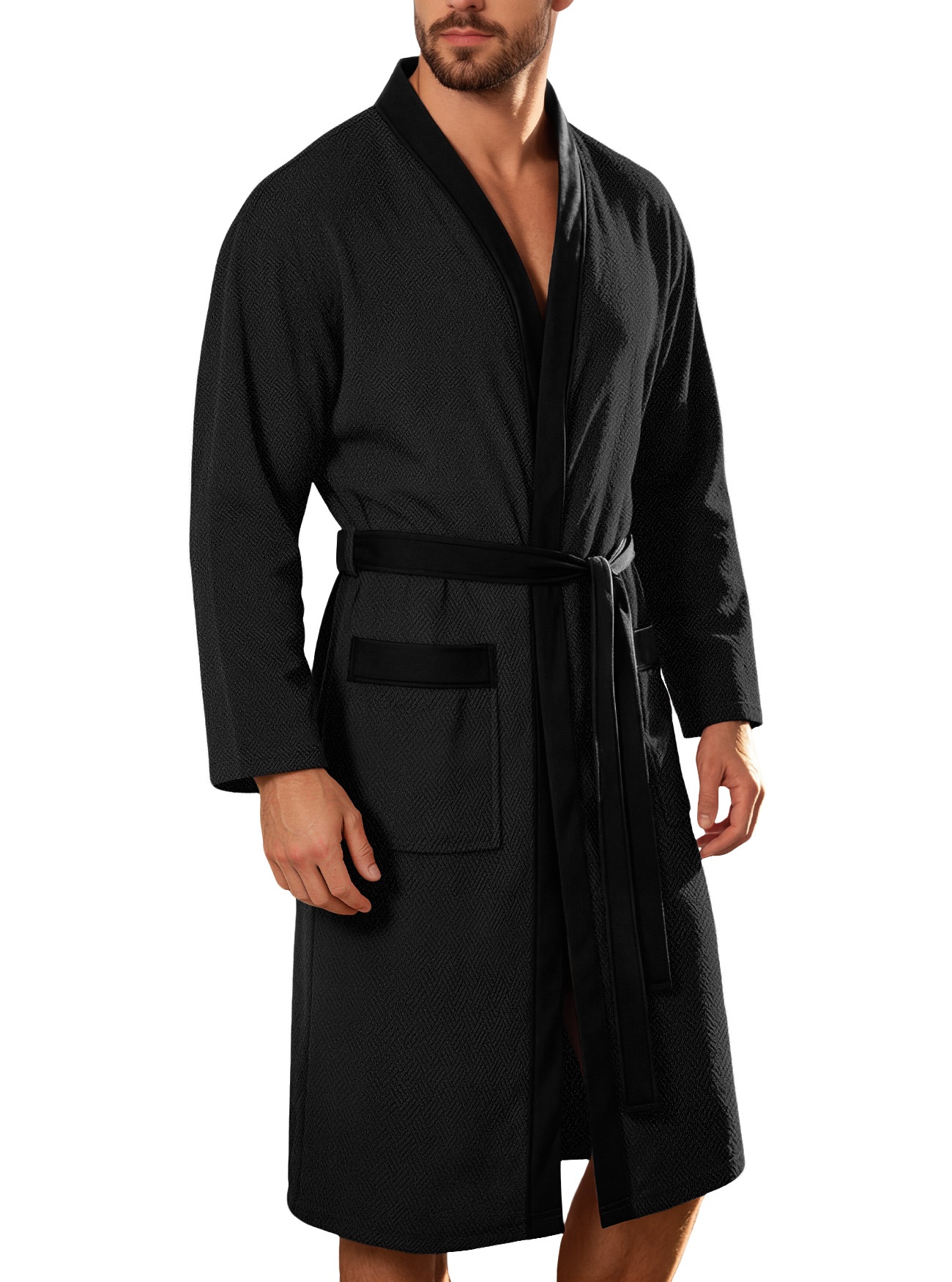 Men's Waffle Knit Robe with Contrast Trim & Pockets