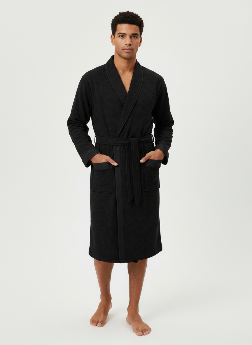 Men's Waffle Knit Robe with Contrast Trim & Pockets