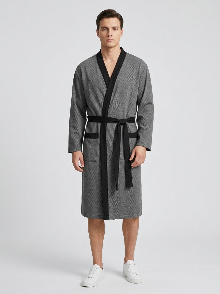 Men's Waffle Knit Robe with Contrast Trim & Pockets