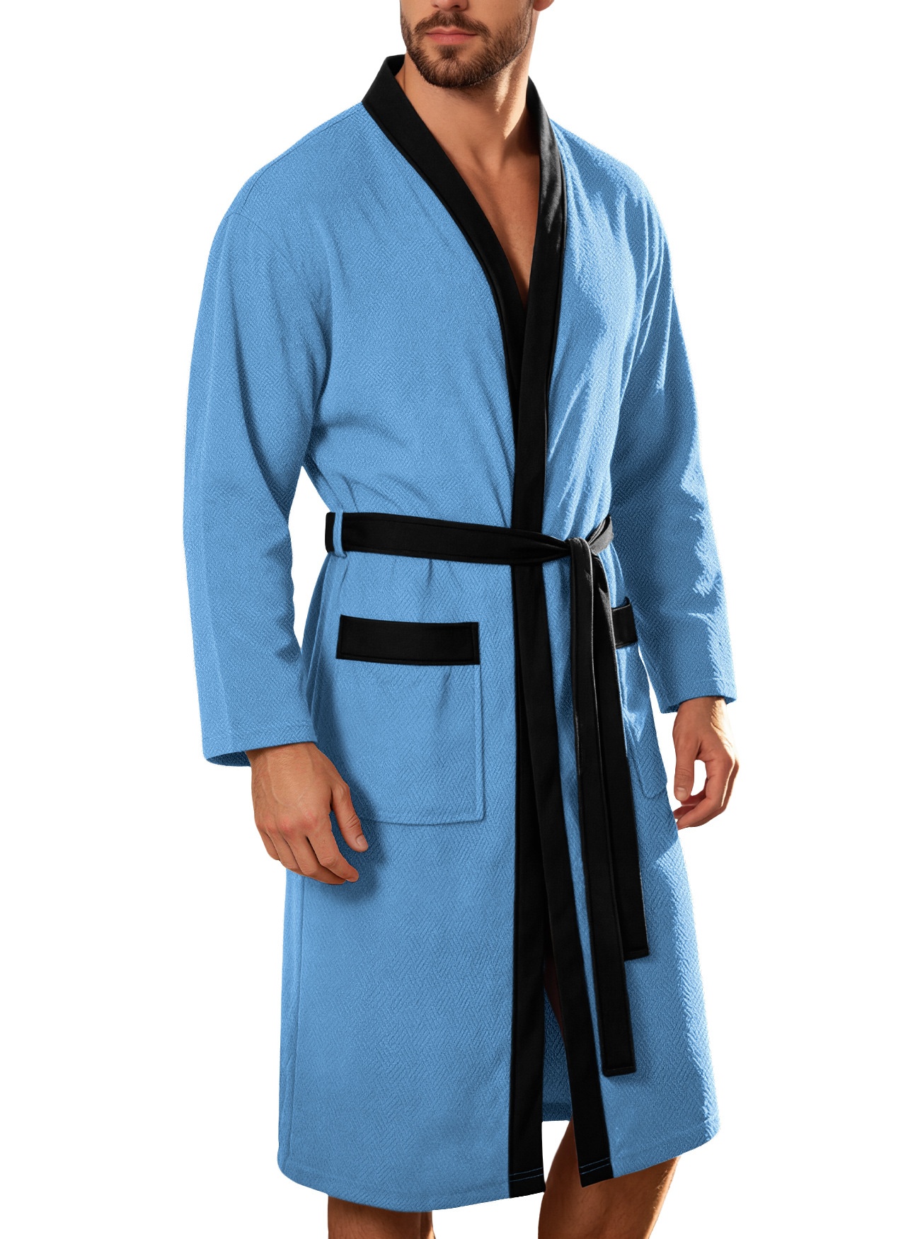 Men's Waffle Knit Robe with Contrast Trim & Pockets