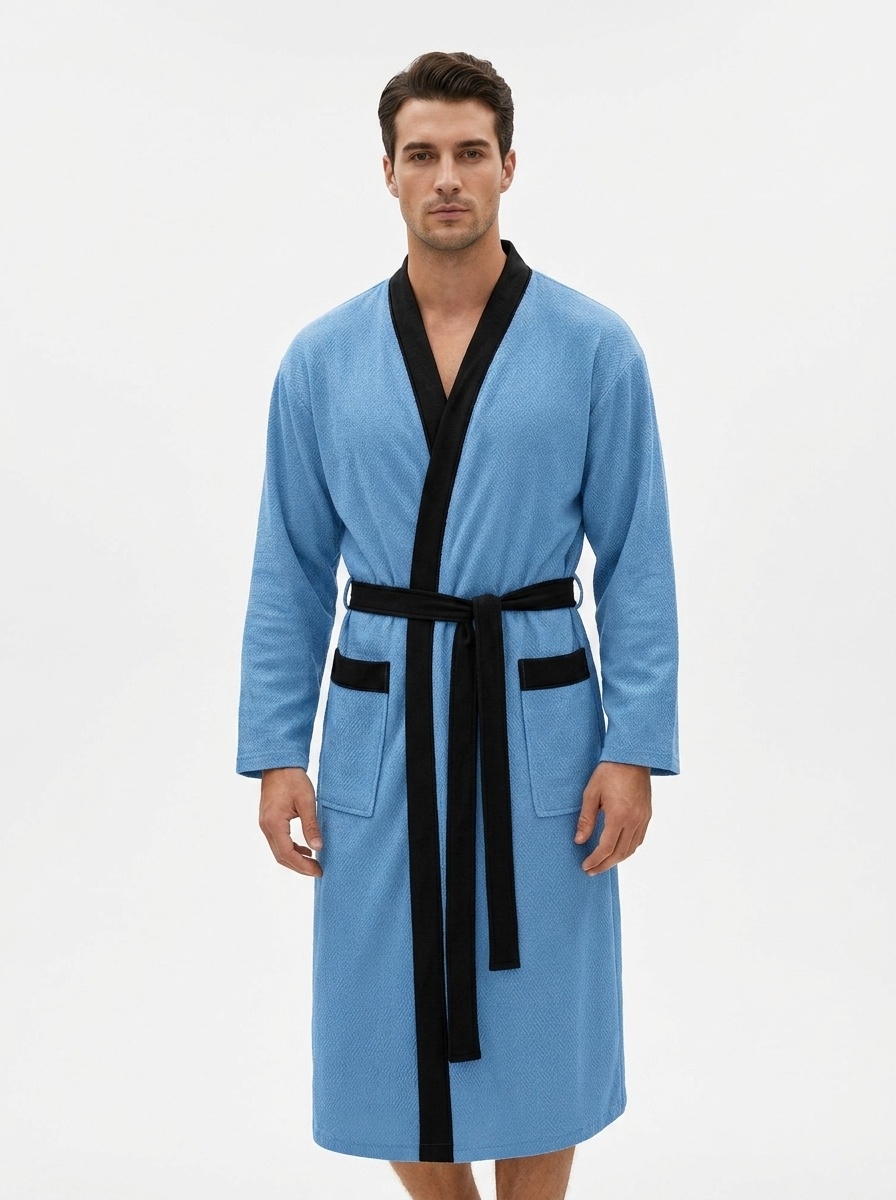 Men's Waffle Knit Robe with Contrast Trim & Pockets