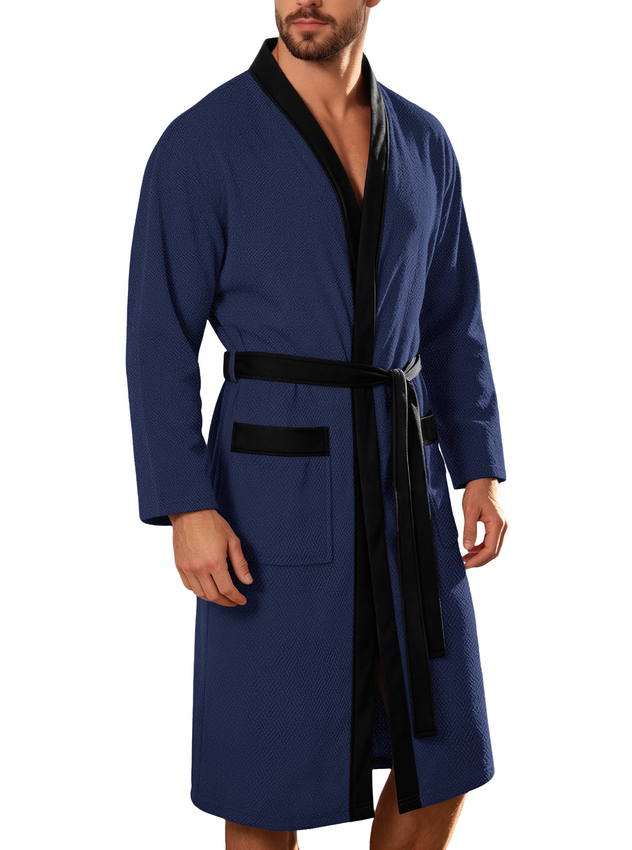 Men's Waffle Knit Robe with Contrast Trim & Pockets