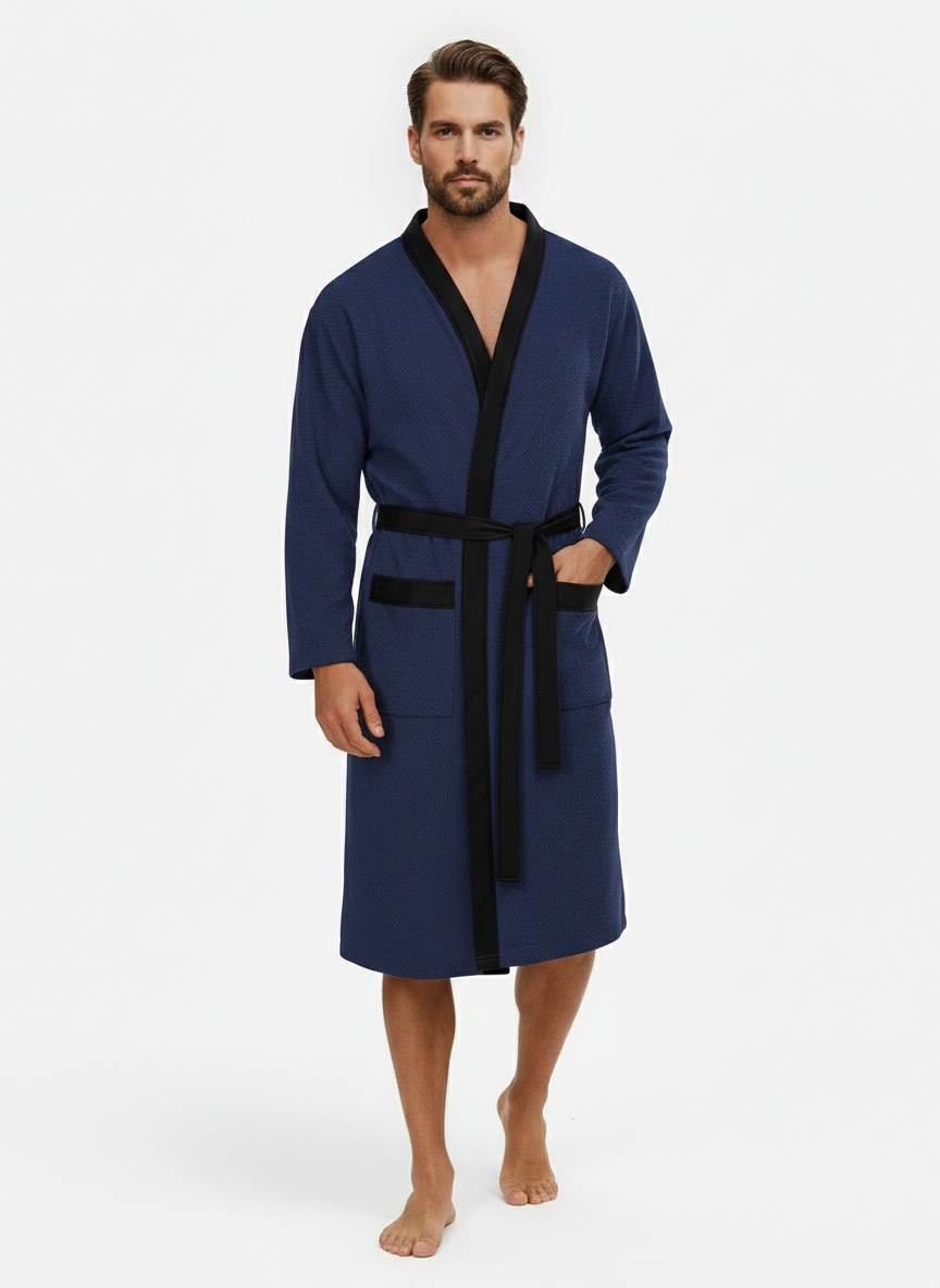 Men's Waffle Knit Robe with Contrast Trim & Pockets