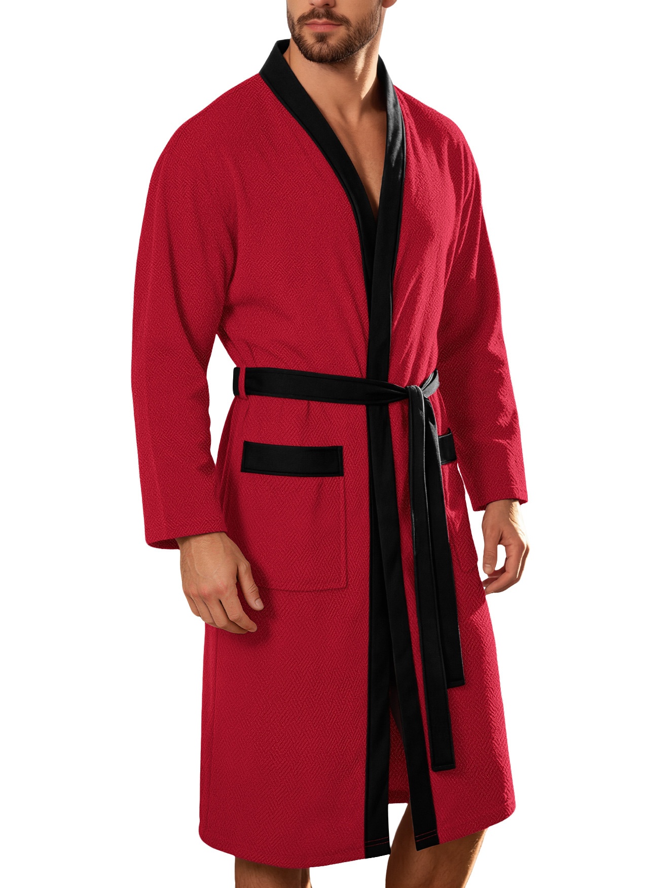 Men's Waffle Knit Robe with Contrast Trim & Pockets