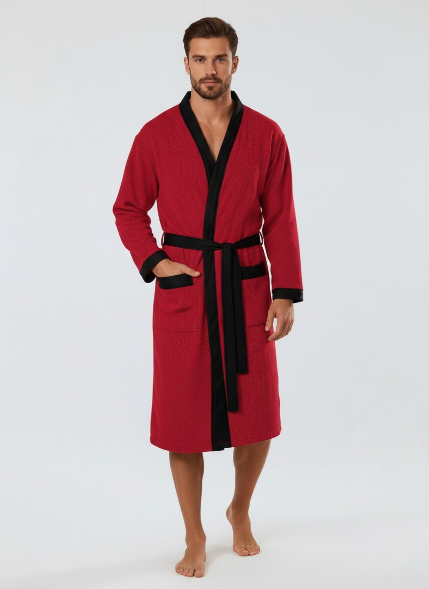 Men's Waffle Knit Robe with Contrast Trim & Pockets