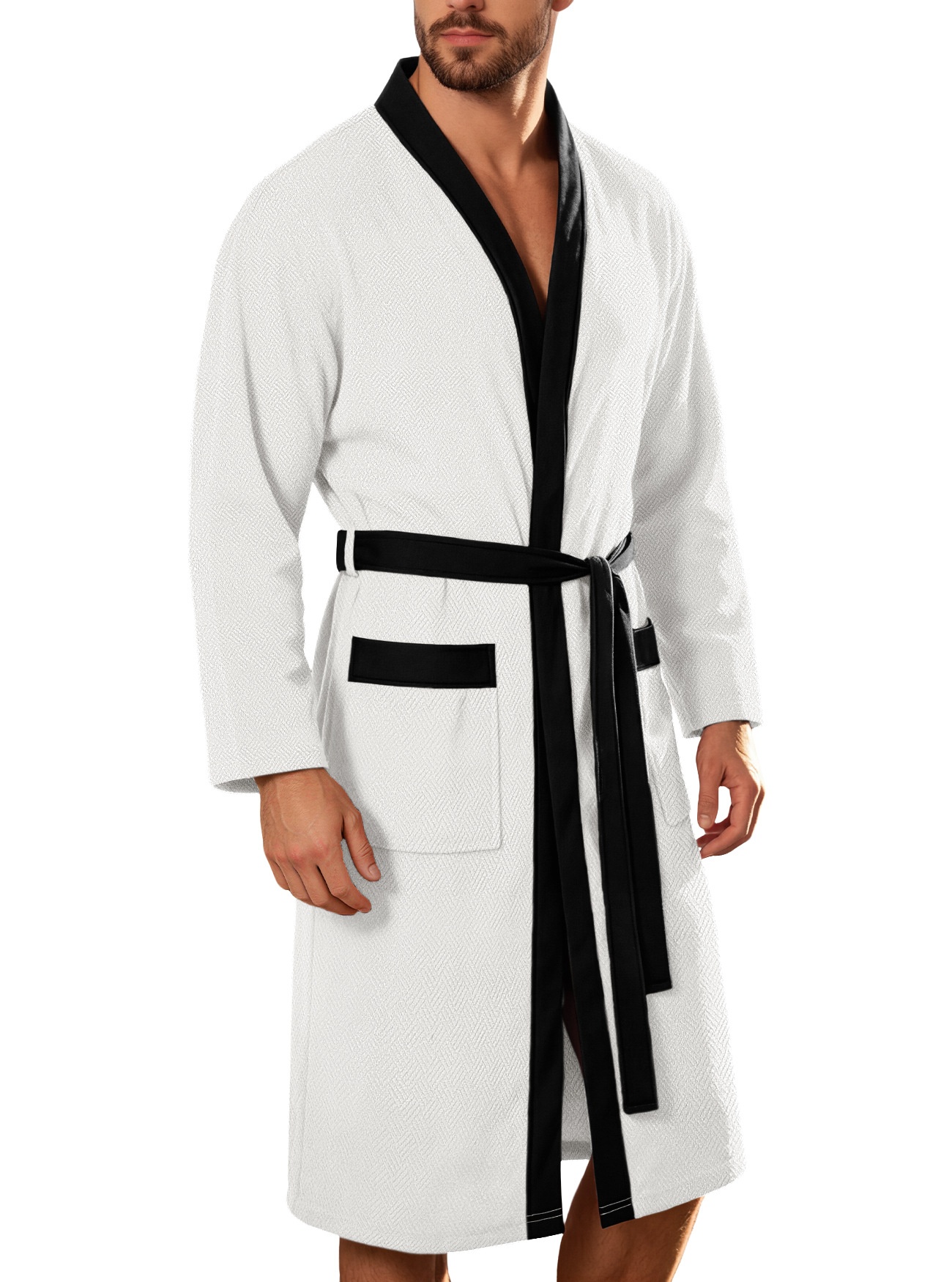 Men's Waffle Knit Robe with Contrast Trim & Pockets