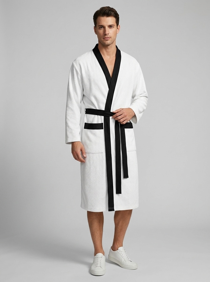Men's Waffle Knit Robe with Contrast Trim & Pockets