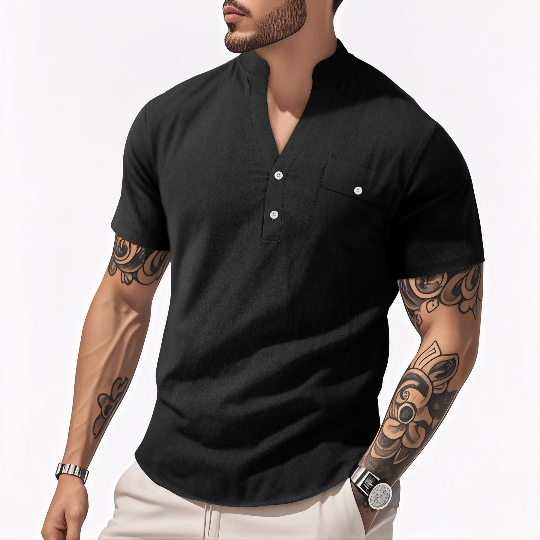 Men's Casual Linen Blend Henley Shirt Short Sleeve