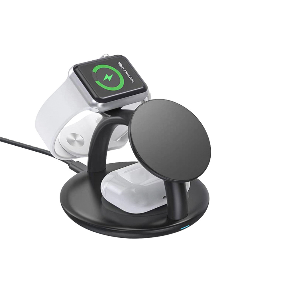 4-in-1 Wireless Fast Charger Stand for Phone, Watch & Earbuds, 15W Magnetic Charging Station, White/Black