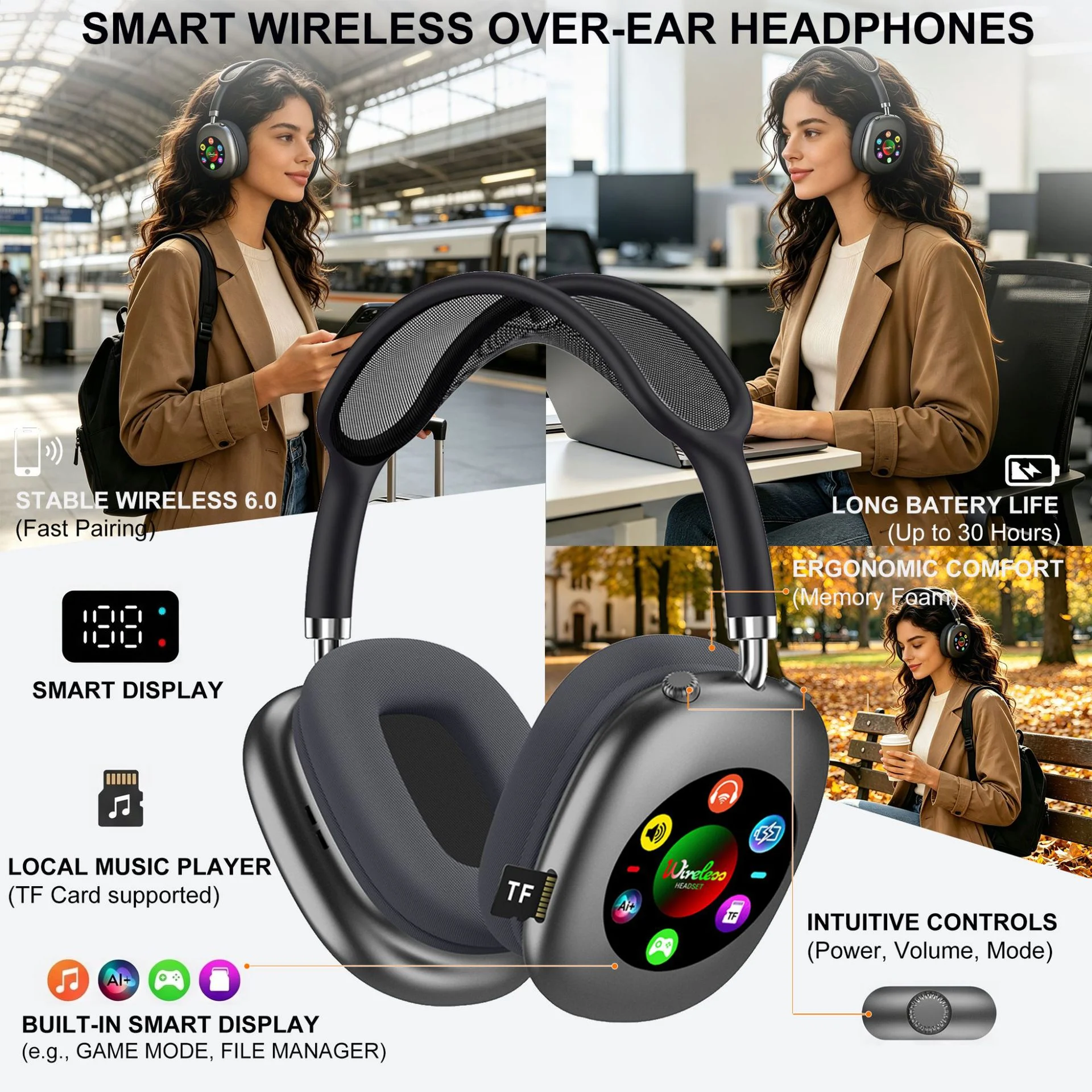 Smart Wireless Bluetooth Headphones with RGB Digital Display & Card Reader - AKZ 619