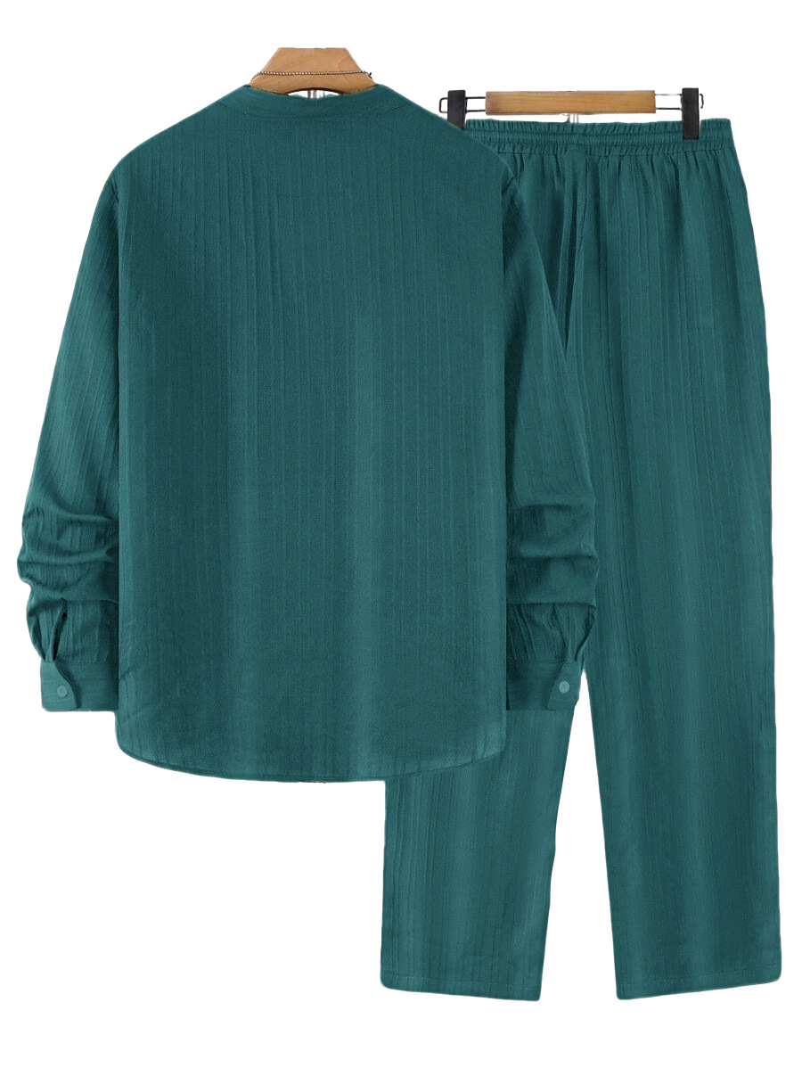 Men's Ribbed Stand Collar Shirt & Pants Casual Set