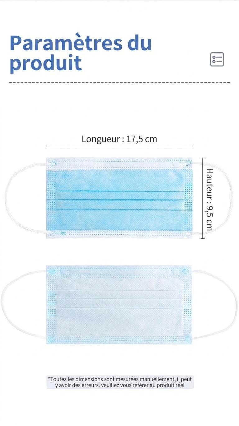 Masques faciaux jetables pour adultes, 3 couches, anti-virus, efficacité de filtration bactérienne (EFB) ≥ 95 %, emballés individuellement, boîte de 50.