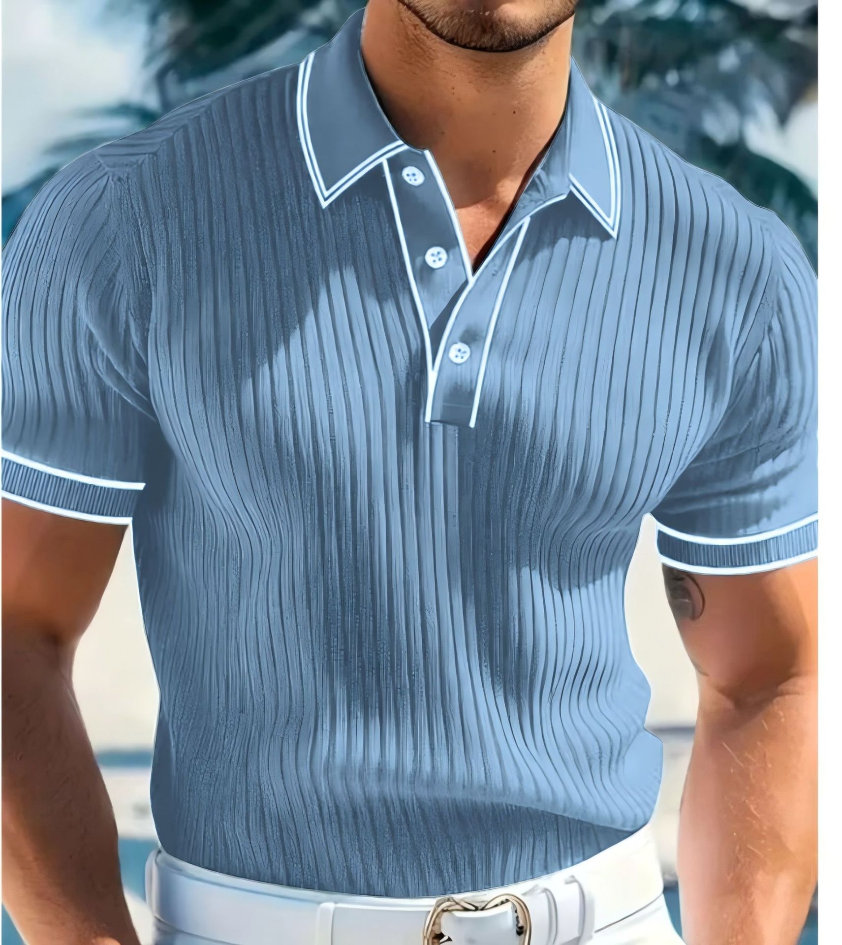 Men's Ribbed Knit Polo Shirt - Short Sleeve Casual Top