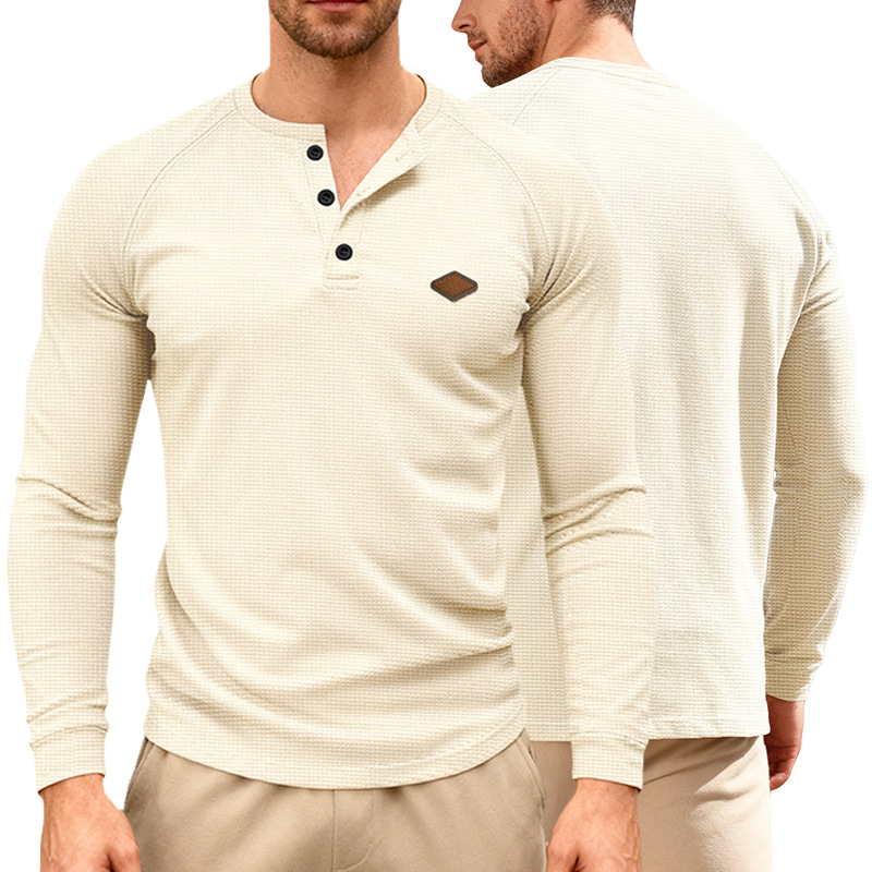 Waffle Knit Henley Shirt Long Sleeve Casual Top for Men