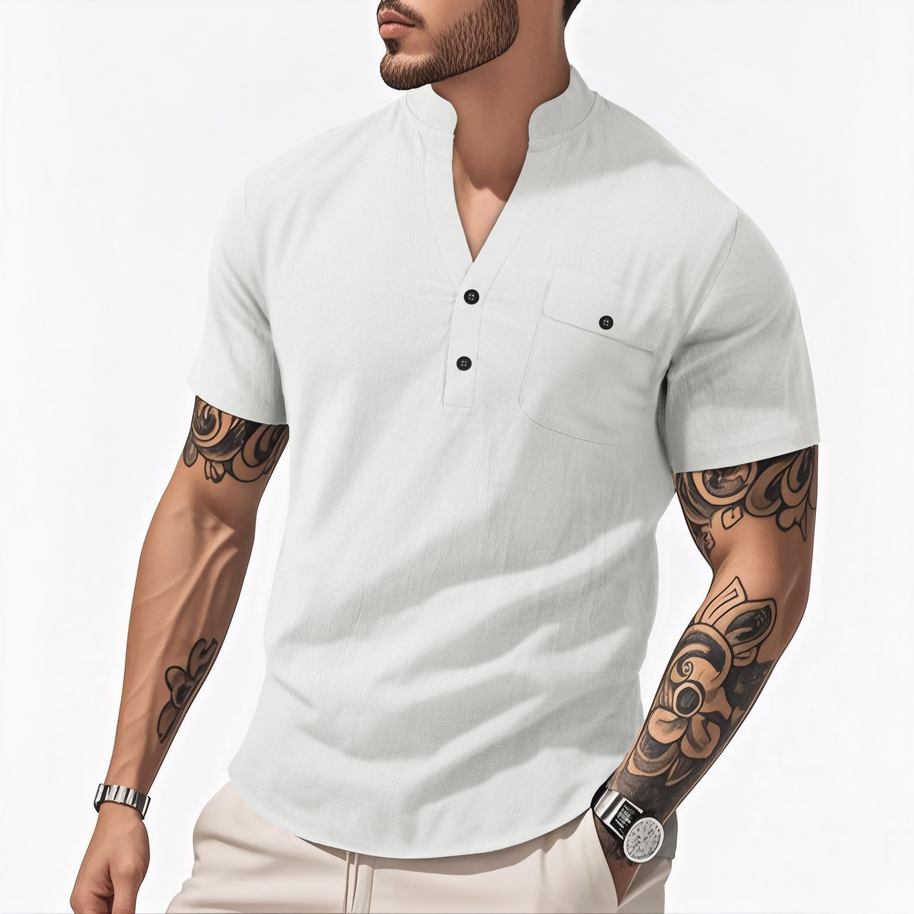 Men's Casual Linen Blend Henley Shirt Short Sleeve