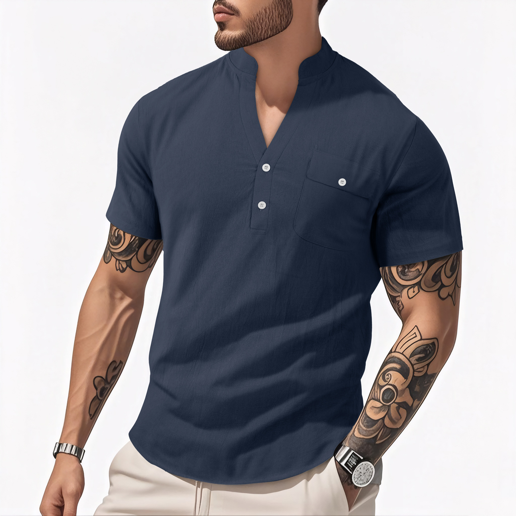 Men's Casual Linen Blend Henley Shirt Short Sleeve