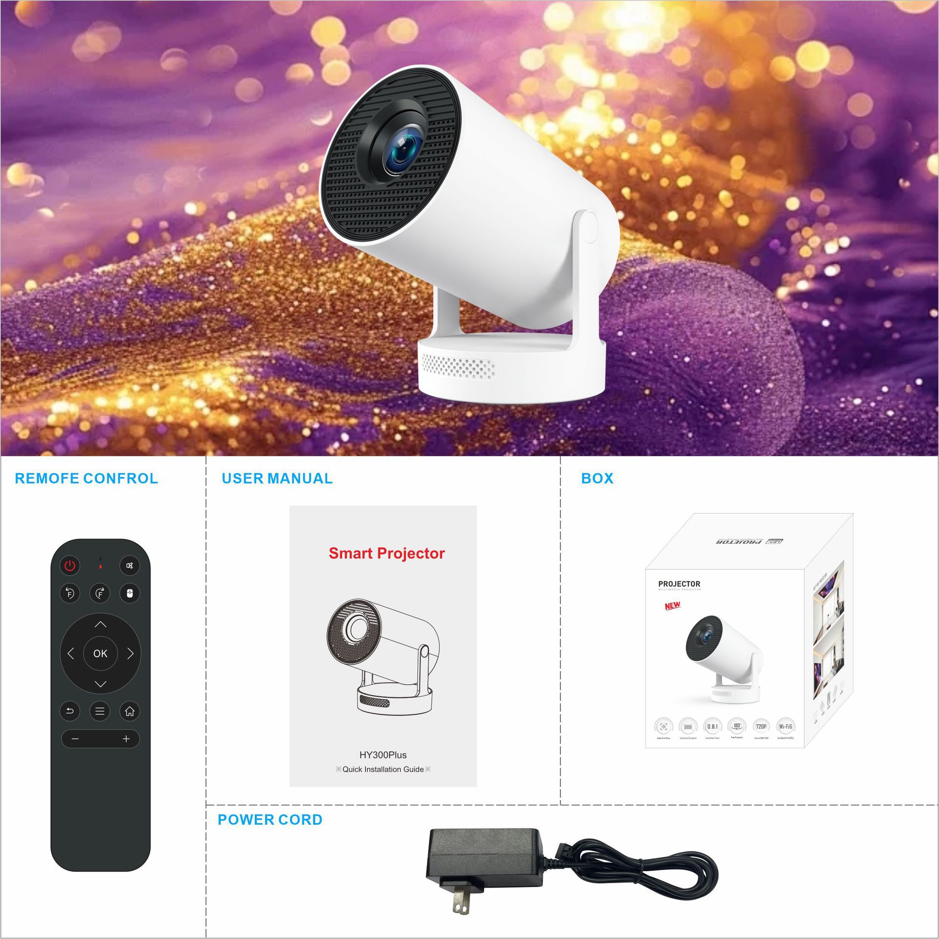 Premium Portable Smart 4K Projector 720P Wi-Fi 6 Home Theater with auto ladder correction - Model#HY300Plus
