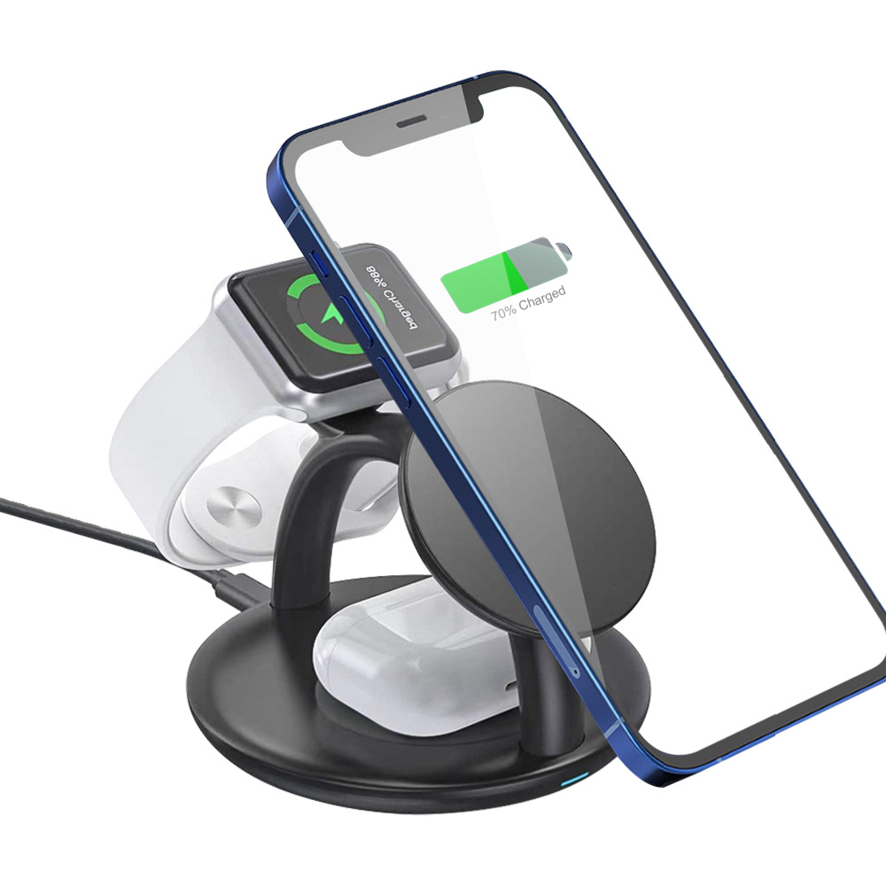 4-in-1 Wireless Fast Charger Stand for Phone, Watch & Earbuds, 15W Magnetic Charging Station, White/Black