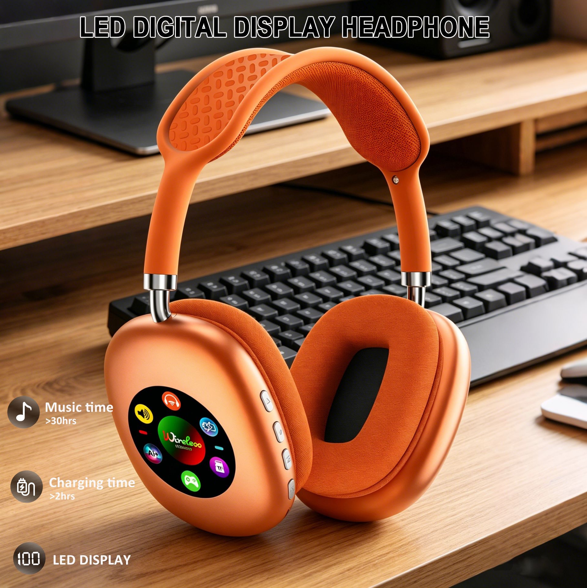 RGB Digital Display Screen Wireless Bluetooth Headphones - AKZ615B