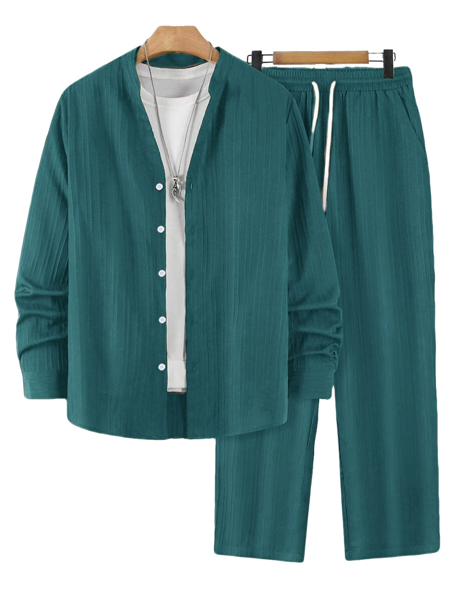 Men's Ribbed Stand Collar Shirt & Pants Casual Set