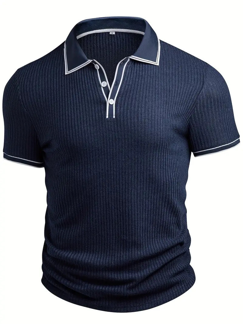 Men's Ribbed Knit Polo Shirt - Short Sleeve Casual Top