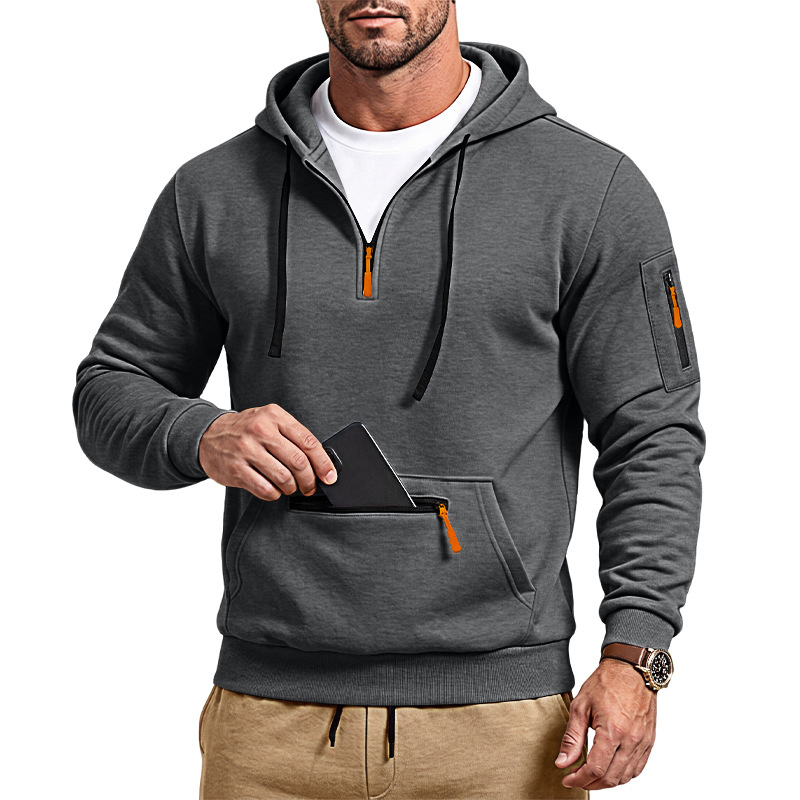 Men's Quarter-Zip Hooded Sweatshirt with Utility Pockets
