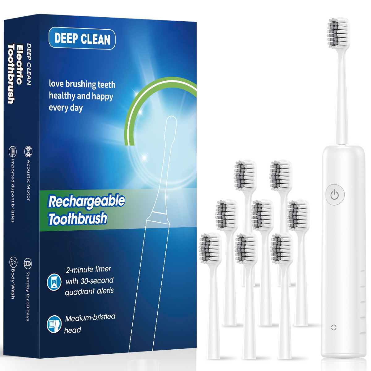 Deep Clean Rechargeable Acoustic Electric Toothbrush, 2-Minute Timer, Soft Dupont Bristles