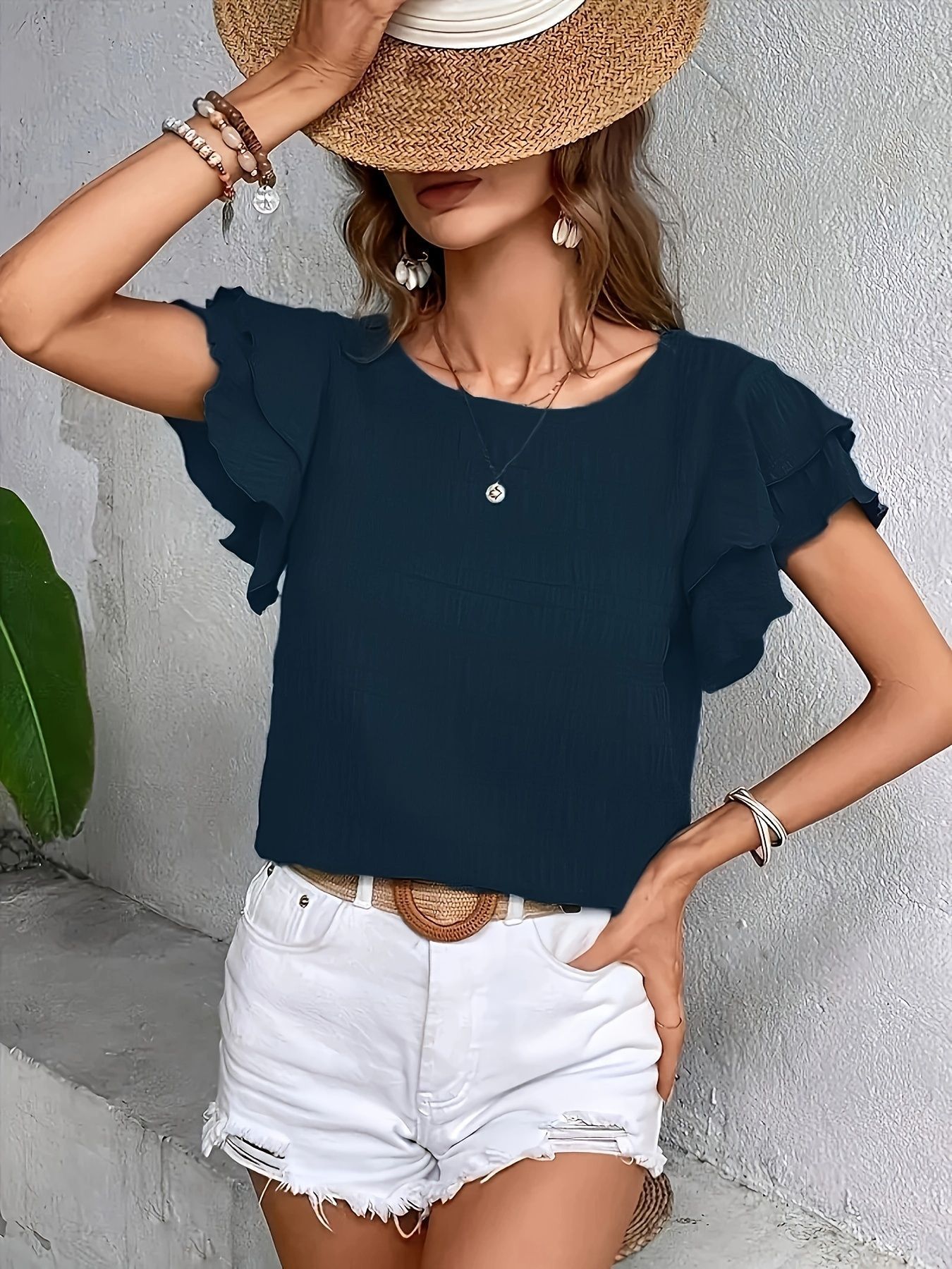 T-shirt da donna casual e comoda con scollo a V, spalle scese e maniche a volant GWC-00003