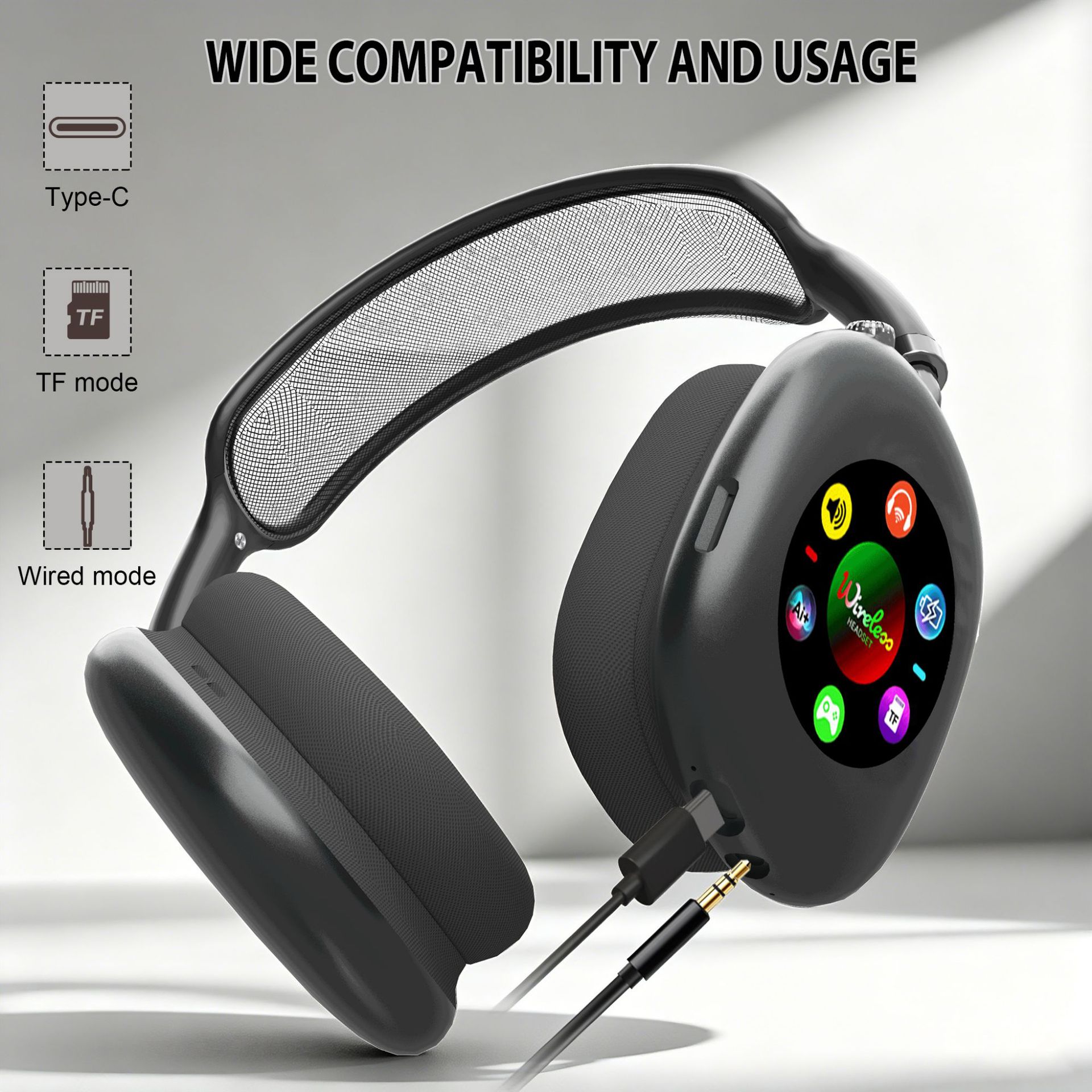 Smart Wireless Bluetooth Headphones with RGB Digital Display & Card Reader - AKZ 619