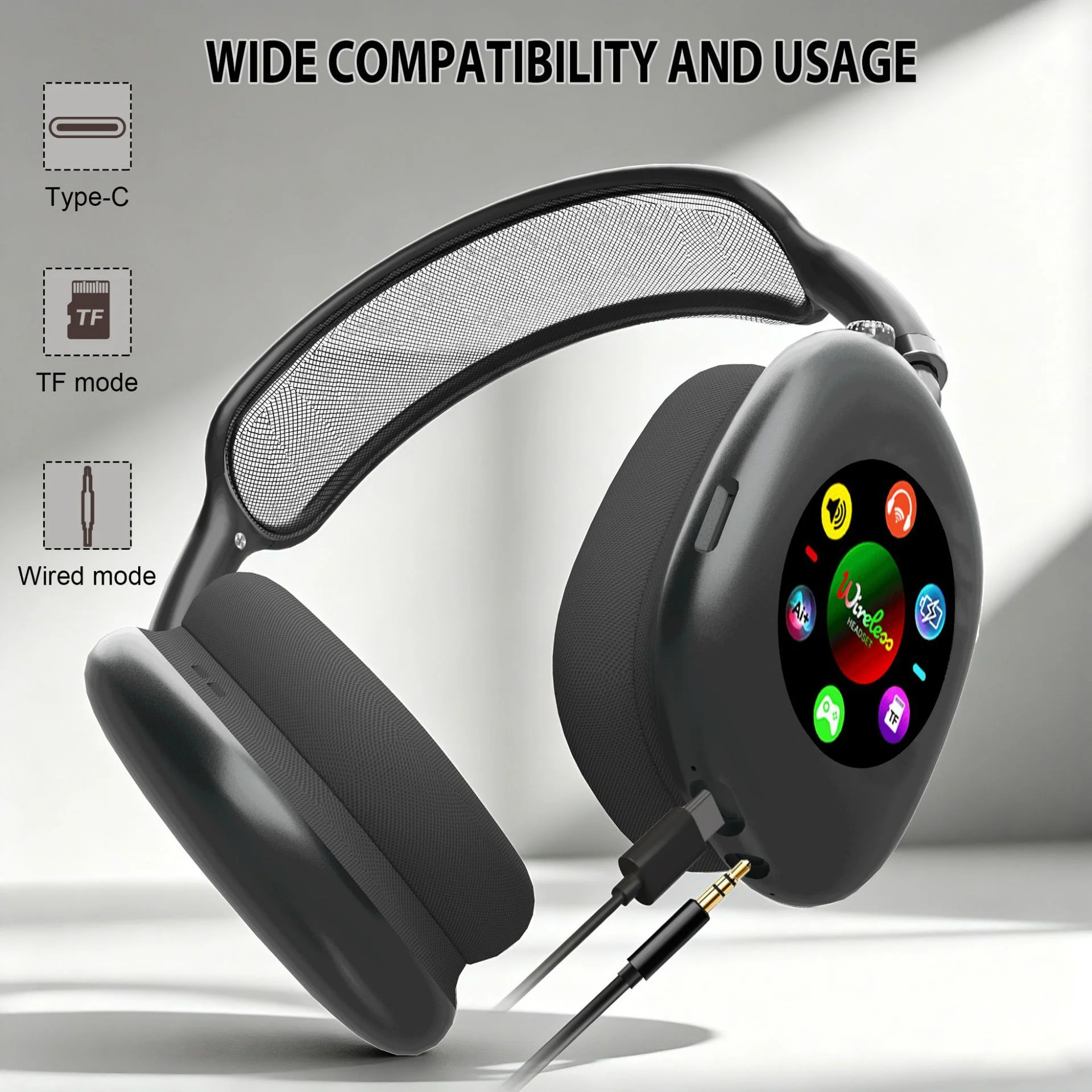 Smart Wireless Bluetooth Headphones with RGB Digital Display & Card Reader - AKZ 619
