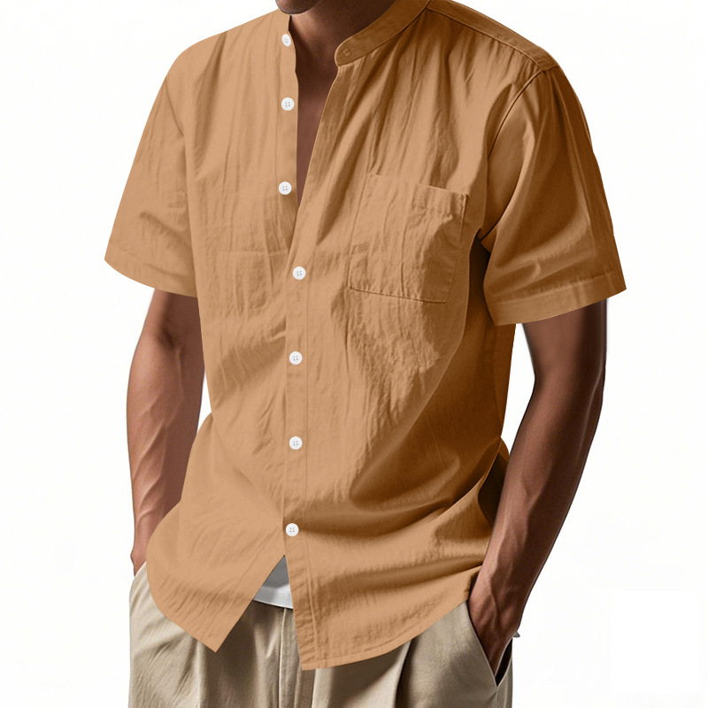 Men's Casual Blend Short Sleeve Band Collar Shirt