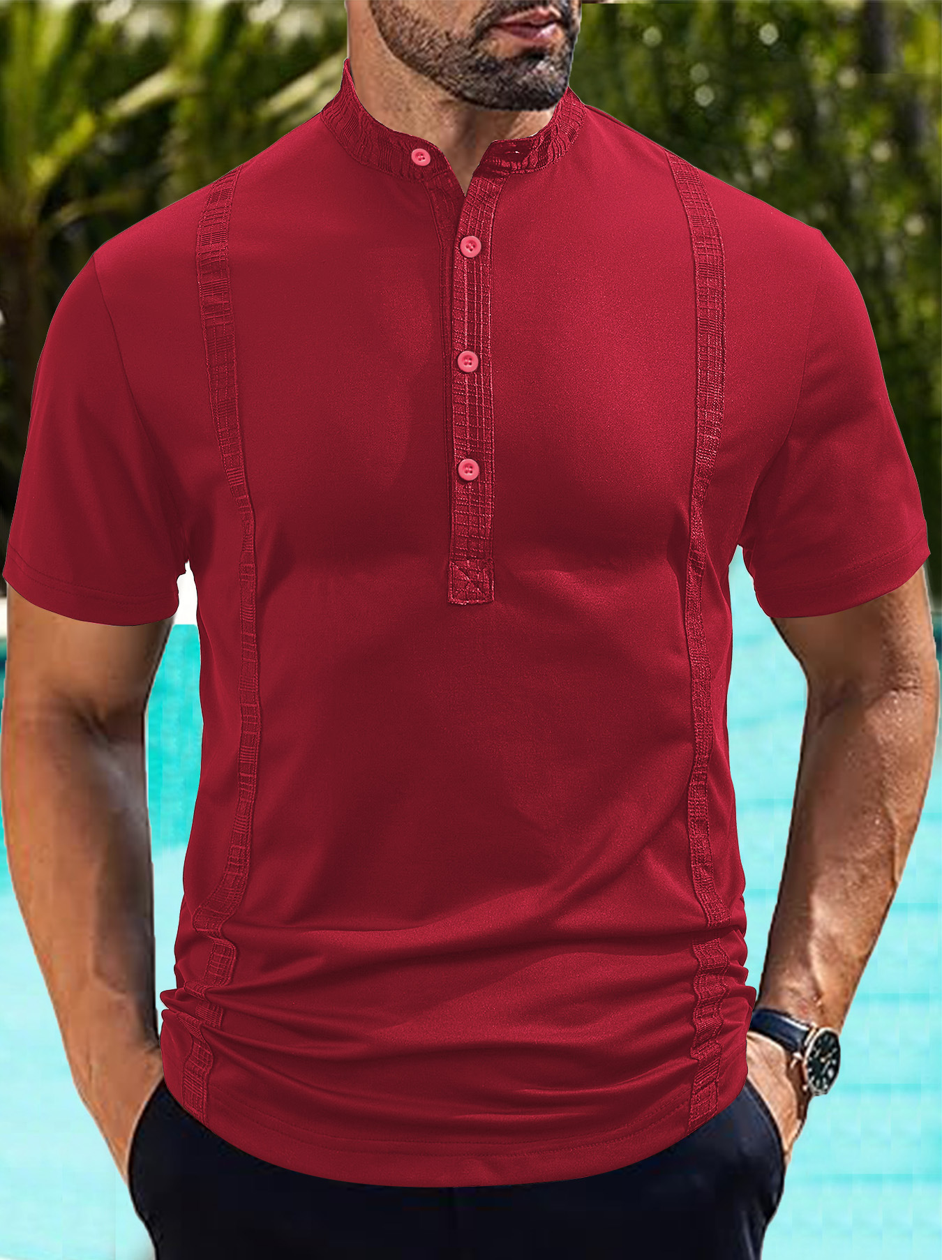 Men's Casual Short Sleeve Henley Shirt with Band Collar