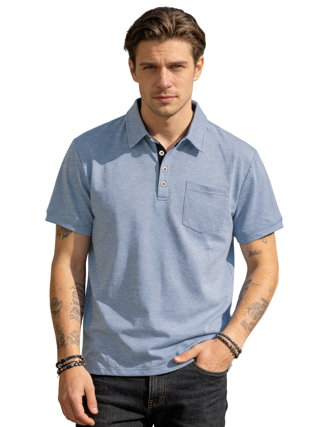 Men's Casual Short Sleeve Polo Shirt with Pocket