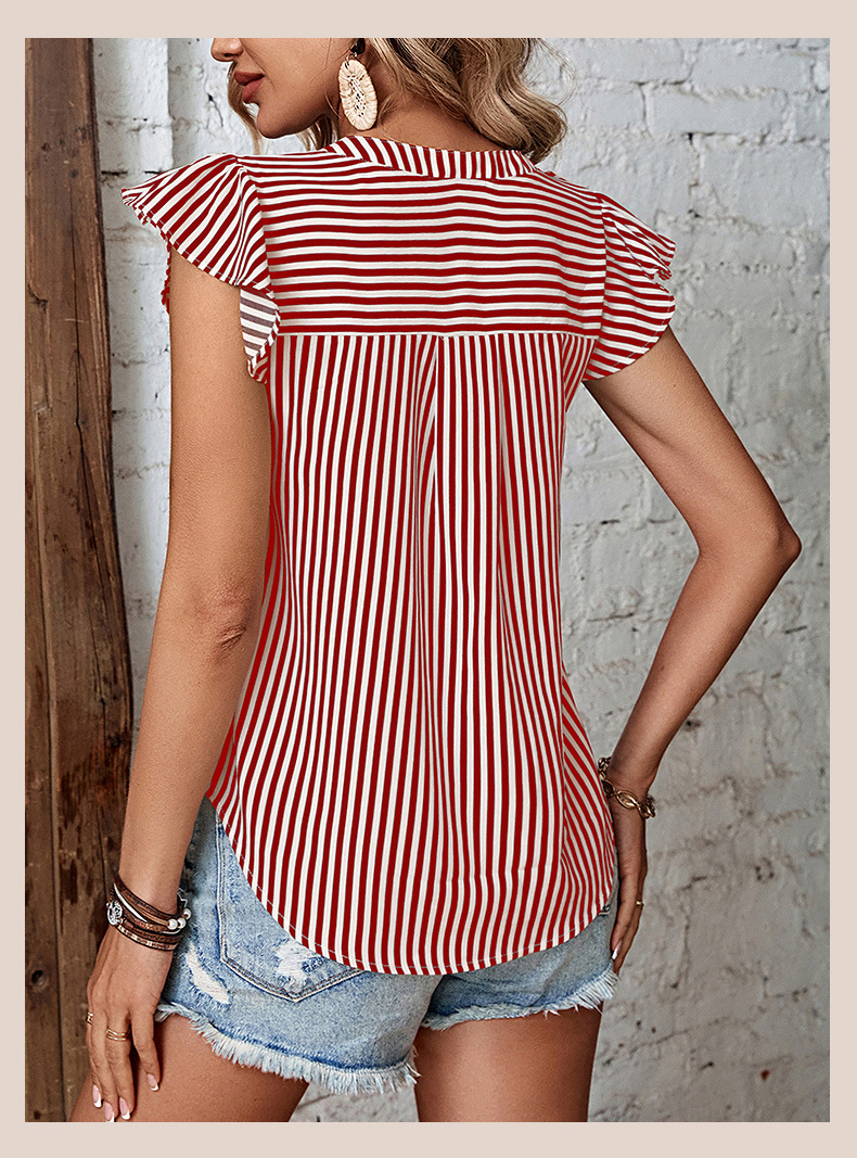 Women's Striped Ruffle Sleeve V-Neck Blouse Top