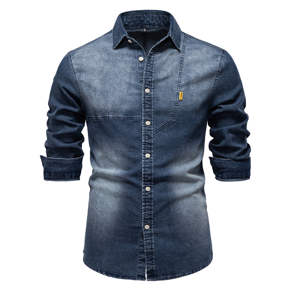 Casual Denim Solid Color Long Sleeve Men's Shirt