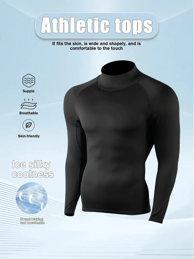 High Neck Base Layer with Reflective Details for Men: High Elasticity Quick-Drying Training Long Sleeves T-Shirt