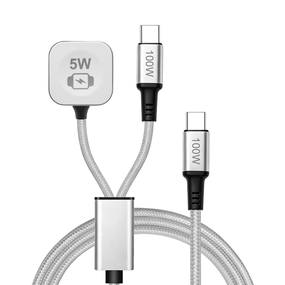 60W USB-C 3-in-1 Fast Charging Cable for Phone, Watch & Laptop, Braided Cord with Aluminum Alloy Connectors, White