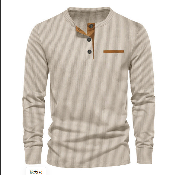 Men's Ribbed Henley Shirt Long Sleeve Casual Button Top