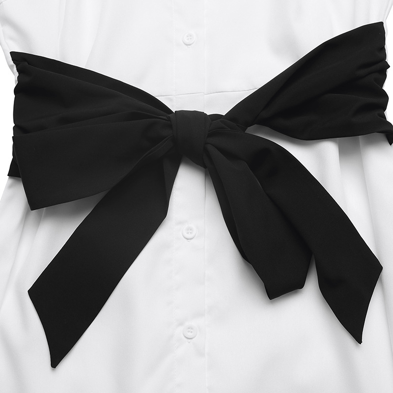 Women's Sleeveless White Shirt Dress with Black Belt