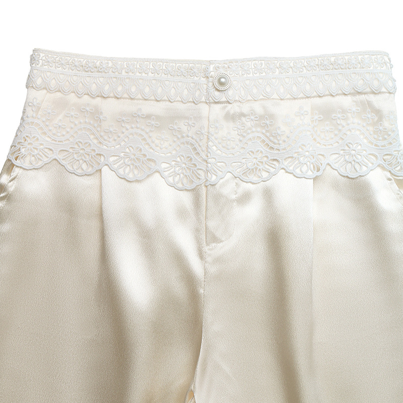 Elegant High Waist Wide Leg Satin Pants with Lace Trim