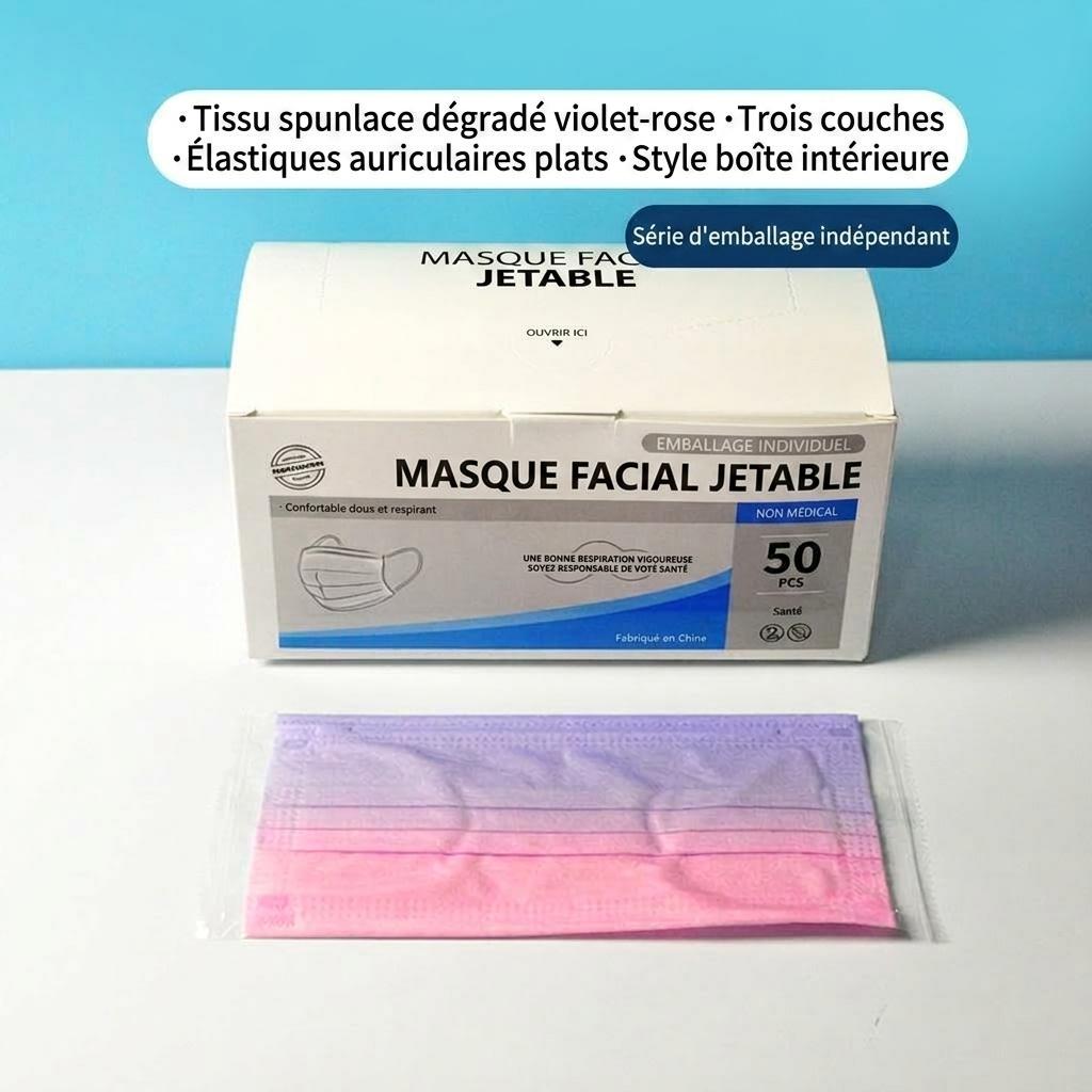 Masques faciaux jetables pour adultes, 3 couches, anti-virus, efficacité de filtration bactérienne (EFB) ≥ 95 %, emballés individuellement, boîte de 50.