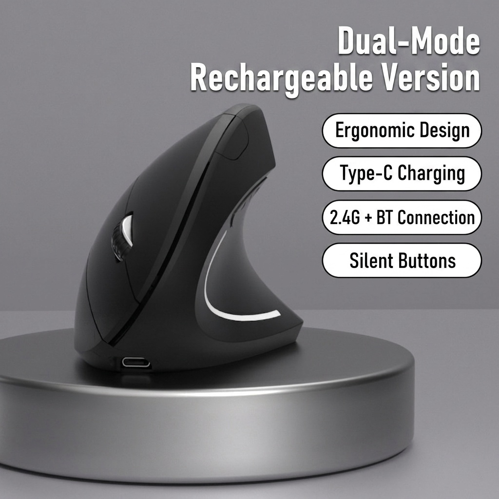 Ratón inalámbrico vertical ergonómico, multimodo 2.4G/BT 5.2/con cable, 4800 DPI, clic silencioso, recargable - Modelo G7039-B
